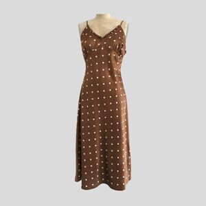 Japna Brown Satin Polka Dot Retro Slip Dress Womens Small 90s Minimalist Midi